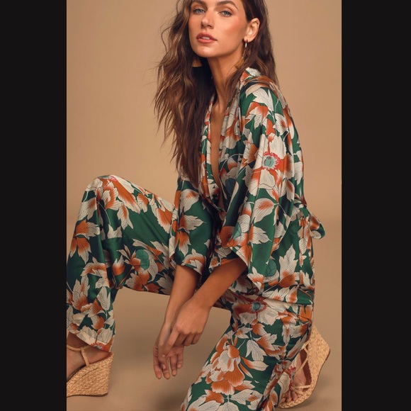 From Sunrise Teal Floral Print Bell Sleeve Wide-Leg Jumpsuit - Picture 2 of 13